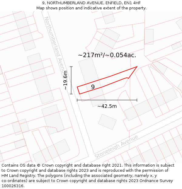 9, NORTHUMBERLAND AVENUE, ENFIELD, EN1 4HF: Plot and title map