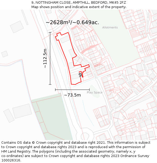 9, NOTTINGHAM CLOSE, AMPTHILL, BEDFORD, MK45 2FZ: Plot and title map