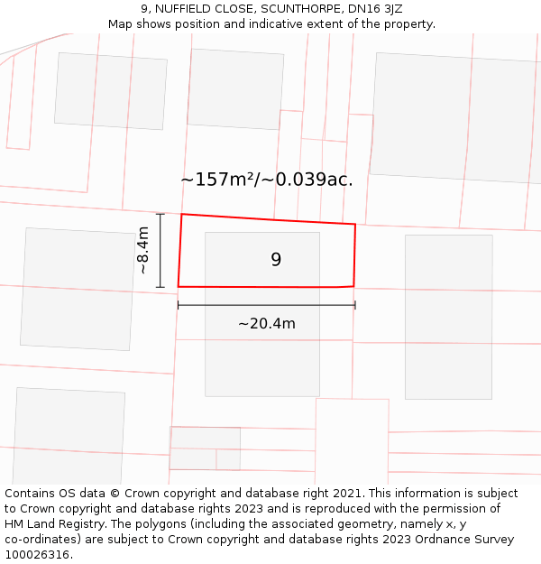9, NUFFIELD CLOSE, SCUNTHORPE, DN16 3JZ: Plot and title map