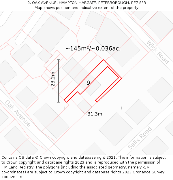 9, OAK AVENUE, HAMPTON HARGATE, PETERBOROUGH, PE7 8FR: Plot and title map