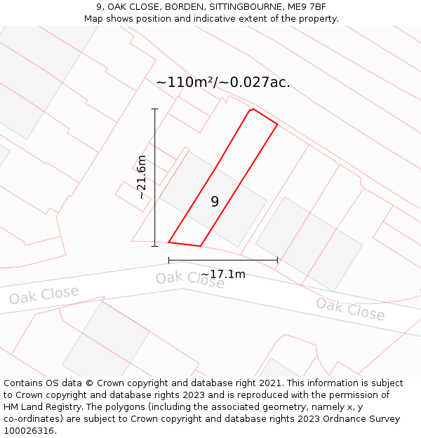 9, OAK CLOSE, BORDEN, SITTINGBOURNE, ME9 7BF: Plot and title map