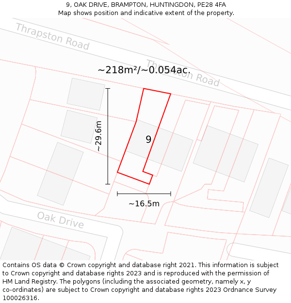 9, OAK DRIVE, BRAMPTON, HUNTINGDON, PE28 4FA: Plot and title map