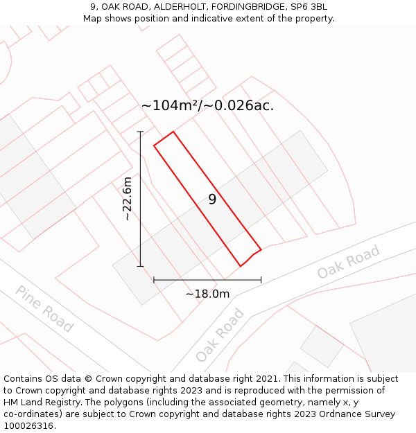 9, OAK ROAD, ALDERHOLT, FORDINGBRIDGE, SP6 3BL: Plot and title map