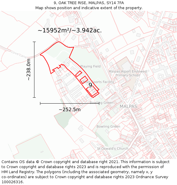 9, OAK TREE RISE, MALPAS, SY14 7FA: Plot and title map