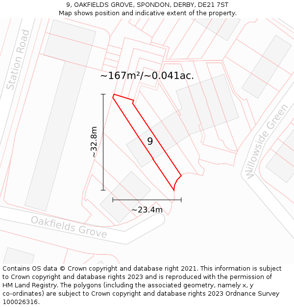 9, OAKFIELDS GROVE, SPONDON, DERBY, DE21 7ST: Plot and title map