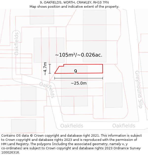 9, OAKFIELDS, WORTH, CRAWLEY, RH10 7FN: Plot and title map