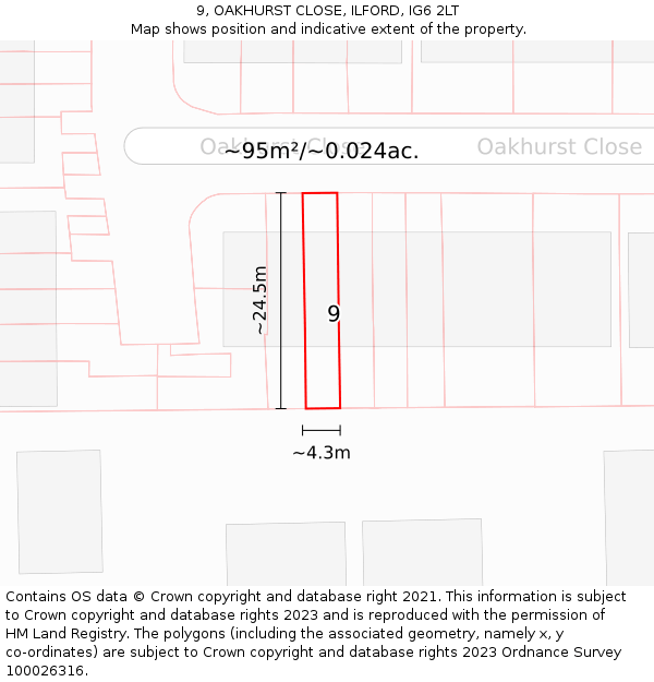 9, OAKHURST CLOSE, ILFORD, IG6 2LT: Plot and title map