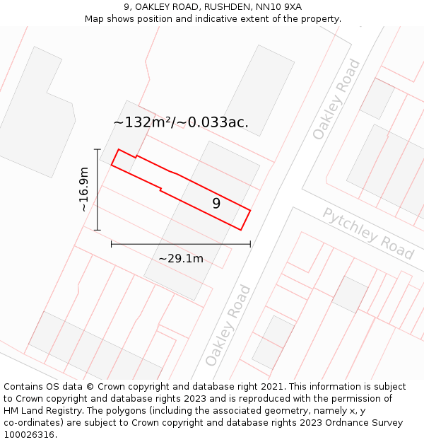 9, OAKLEY ROAD, RUSHDEN, NN10 9XA: Plot and title map