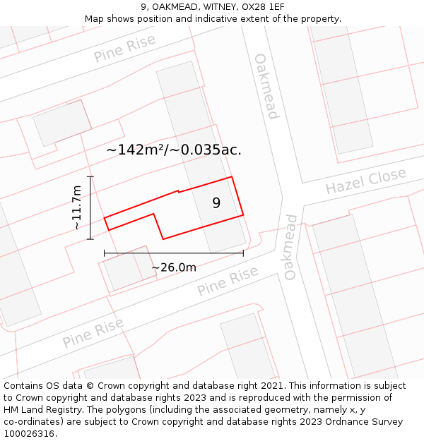 9, OAKMEAD, WITNEY, OX28 1EF: Plot and title map