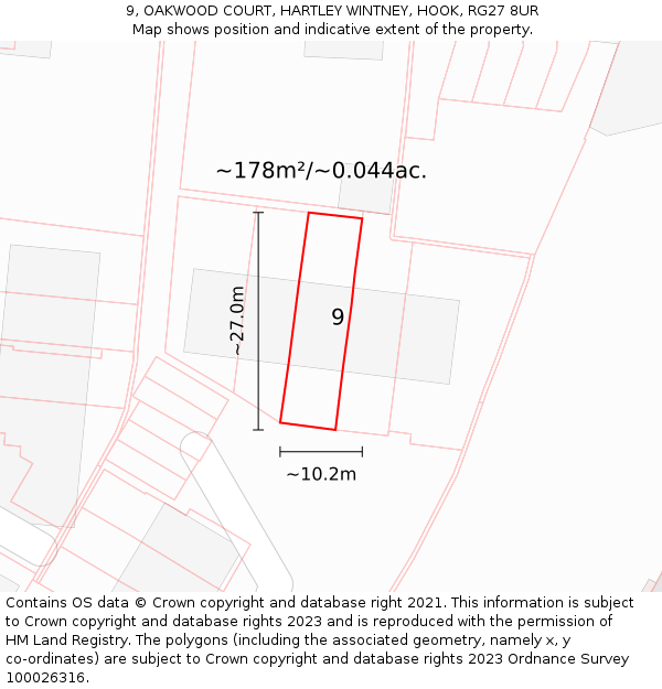 9, OAKWOOD COURT, HARTLEY WINTNEY, HOOK, RG27 8UR: Plot and title map