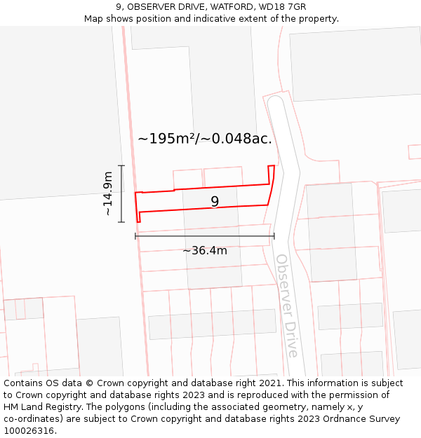 9, OBSERVER DRIVE, WATFORD, WD18 7GR: Plot and title map