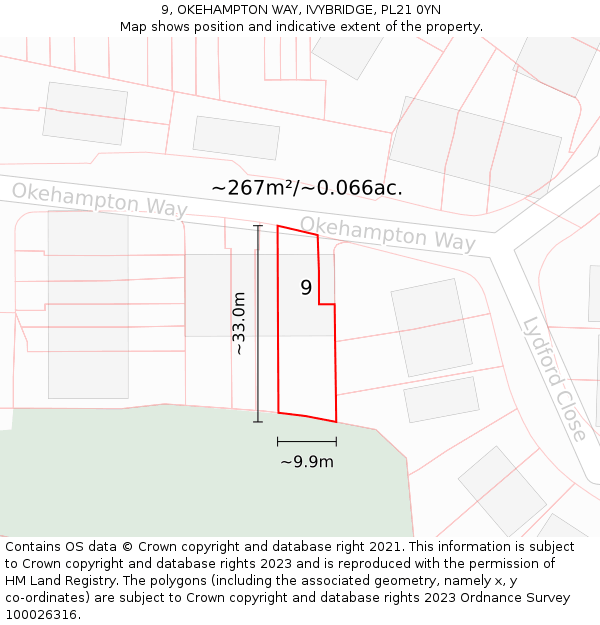 9, OKEHAMPTON WAY, IVYBRIDGE, PL21 0YN: Plot and title map