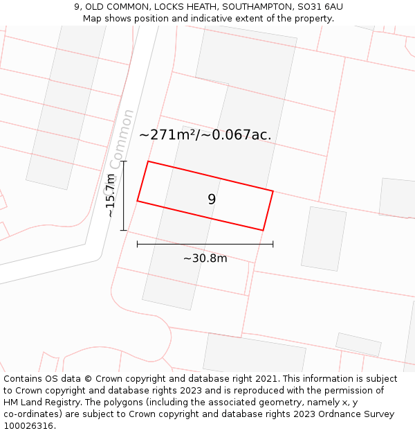 9, OLD COMMON, LOCKS HEATH, SOUTHAMPTON, SO31 6AU: Plot and title map