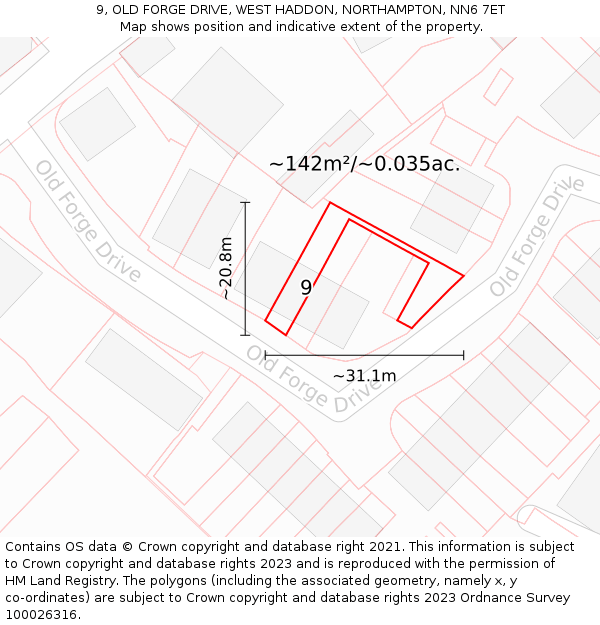 9, OLD FORGE DRIVE, WEST HADDON, NORTHAMPTON, NN6 7ET: Plot and title map