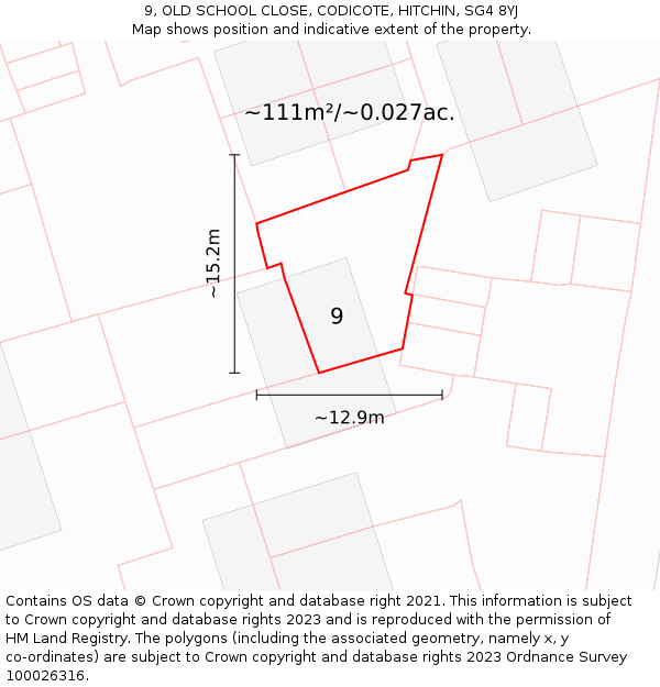 9, OLD SCHOOL CLOSE, CODICOTE, HITCHIN, SG4 8YJ: Plot and title map