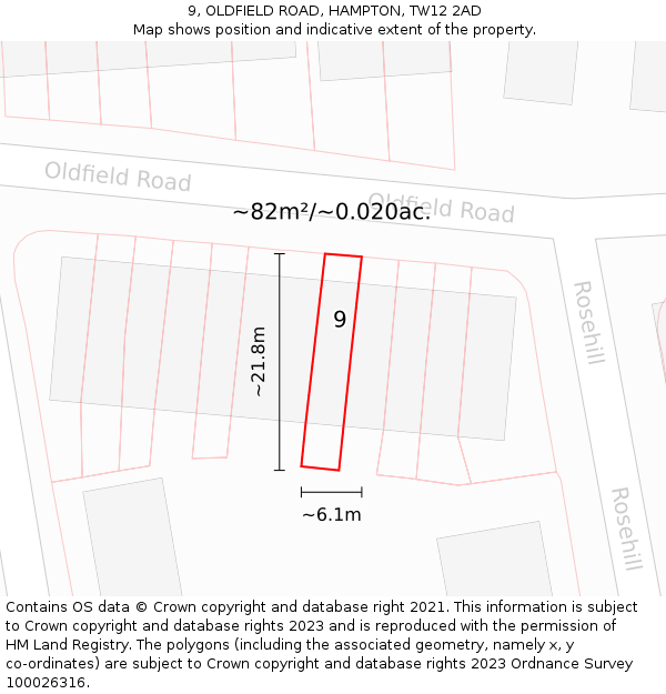 9, OLDFIELD ROAD, HAMPTON, TW12 2AD: Plot and title map