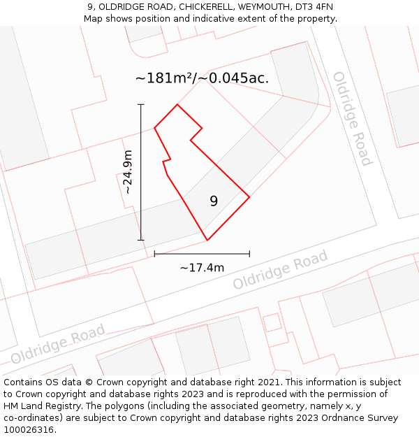 9, OLDRIDGE ROAD, CHICKERELL, WEYMOUTH, DT3 4FN: Plot and title map