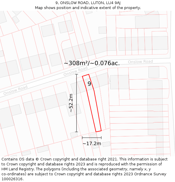 9, ONSLOW ROAD, LUTON, LU4 9AJ: Plot and title map