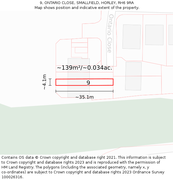 9, ONTARIO CLOSE, SMALLFIELD, HORLEY, RH6 9RA: Plot and title map
