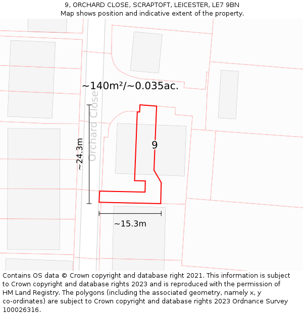 9, ORCHARD CLOSE, SCRAPTOFT, LEICESTER, LE7 9BN: Plot and title map