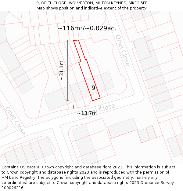 9, ORIEL CLOSE, WOLVERTON, MILTON KEYNES, MK12 5FE: Plot and title map