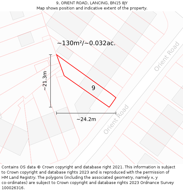9, ORIENT ROAD, LANCING, BN15 8JY: Plot and title map