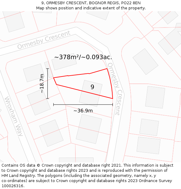 9, ORMESBY CRESCENT, BOGNOR REGIS, PO22 8EN: Plot and title map