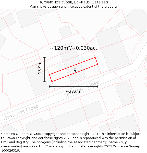 9, ORMONDS CLOSE, LICHFIELD, WS13 8EG: Plot and title map