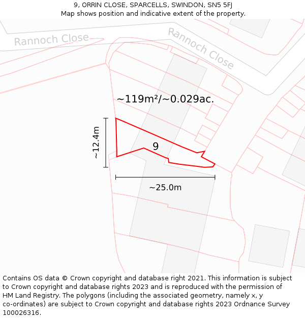 9, ORRIN CLOSE, SPARCELLS, SWINDON, SN5 5FJ: Plot and title map
