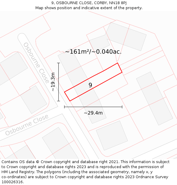 9, OSBOURNE CLOSE, CORBY, NN18 8PJ: Plot and title map