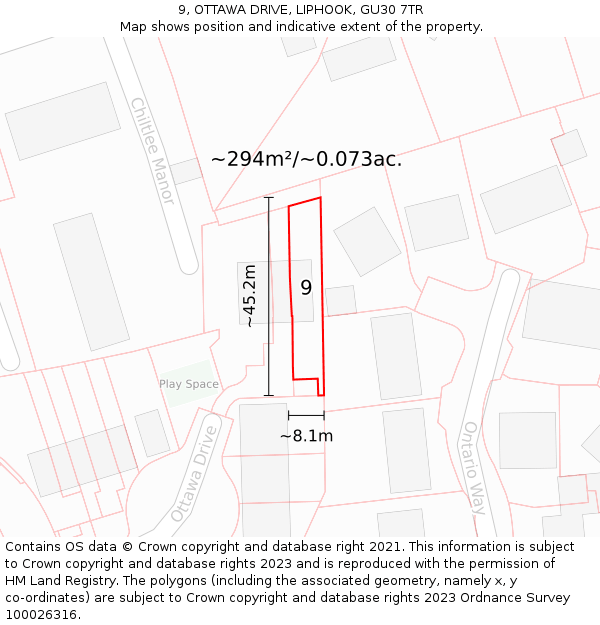 9, OTTAWA DRIVE, LIPHOOK, GU30 7TR: Plot and title map