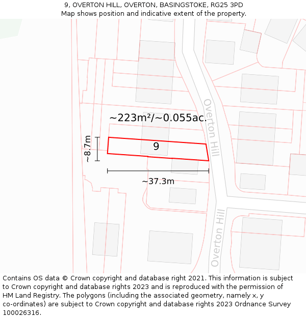 9, OVERTON HILL, OVERTON, BASINGSTOKE, RG25 3PD: Plot and title map