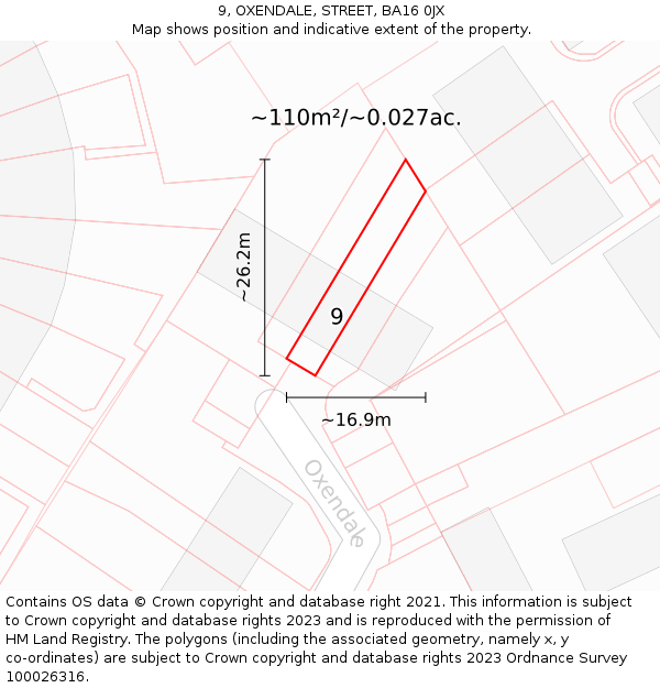 9, OXENDALE, STREET, BA16 0JX: Plot and title map