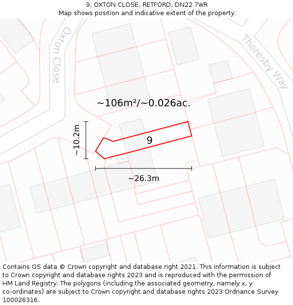 9, OXTON CLOSE, RETFORD, DN22 7WR: Plot and title map