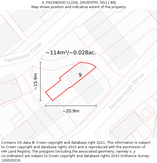 9, PACKWOOD CLOSE, DAVENTRY, NN11 8AJ: Plot and title map