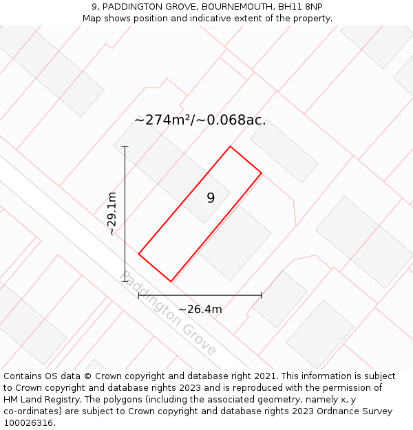 9, PADDINGTON GROVE, BOURNEMOUTH, BH11 8NP: Plot and title map