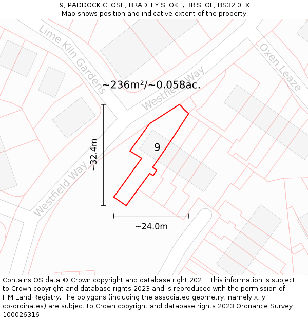 9, PADDOCK CLOSE, BRADLEY STOKE, BRISTOL, BS32 0EX: Plot and title map