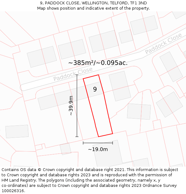 9, PADDOCK CLOSE, WELLINGTON, TELFORD, TF1 3ND: Plot and title map