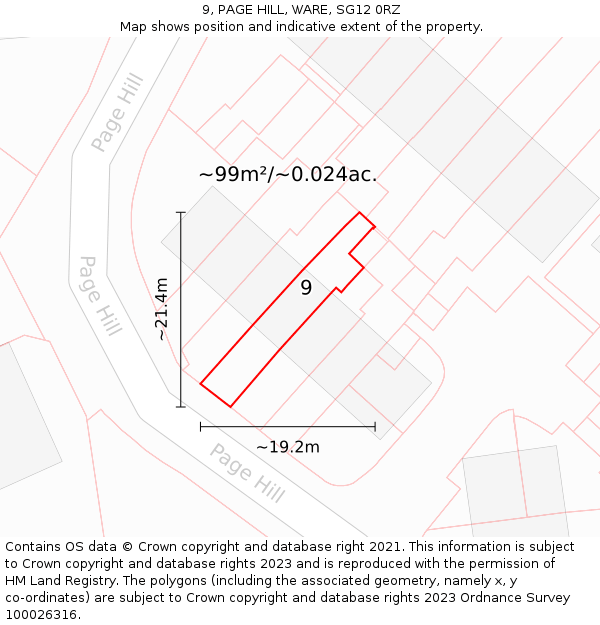 9, PAGE HILL, WARE, SG12 0RZ: Plot and title map