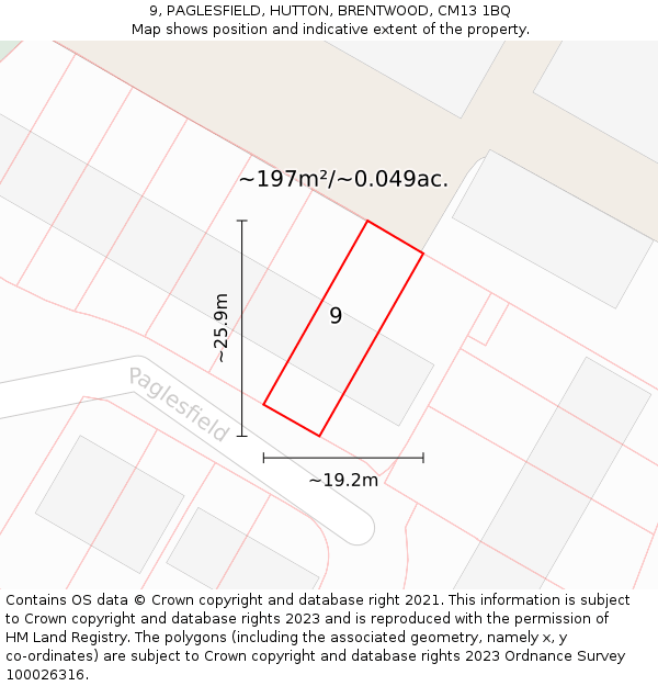 9, PAGLESFIELD, HUTTON, BRENTWOOD, CM13 1BQ: Plot and title map