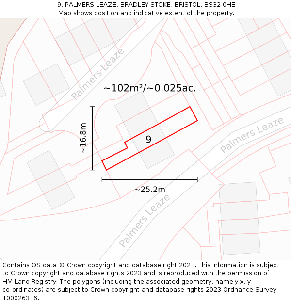 9, PALMERS LEAZE, BRADLEY STOKE, BRISTOL, BS32 0HE: Plot and title map