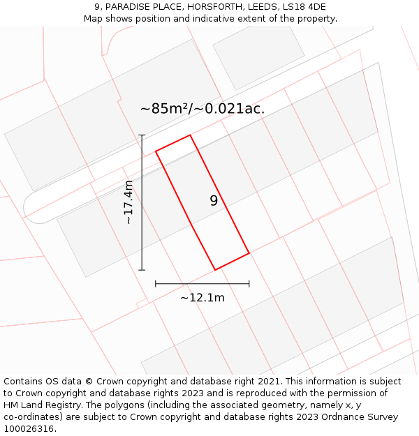 9, PARADISE PLACE, HORSFORTH, LEEDS, LS18 4DE: Plot and title map