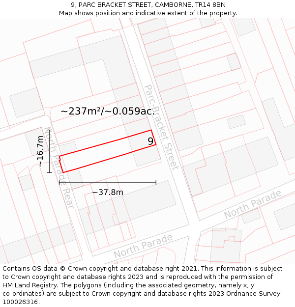 9, PARC BRACKET STREET, CAMBORNE, TR14 8BN: Plot and title map