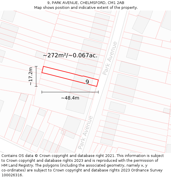 9, PARK AVENUE, CHELMSFORD, CM1 2AB: Plot and title map