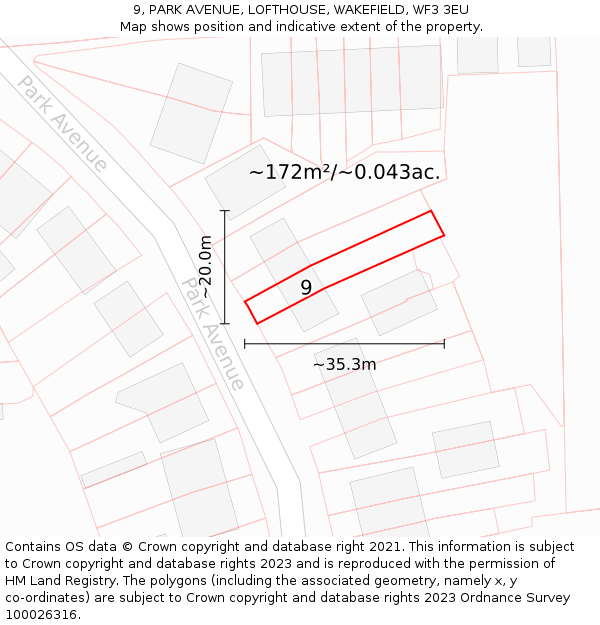 9, PARK AVENUE, LOFTHOUSE, WAKEFIELD, WF3 3EU: Plot and title map
