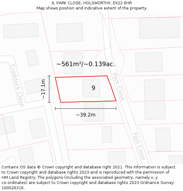 9, PARK CLOSE, HOLSWORTHY, EX22 6HR: Plot and title map