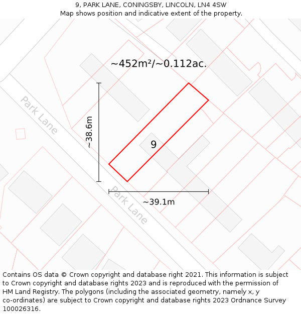 9, PARK LANE, CONINGSBY, LINCOLN, LN4 4SW: Plot and title map