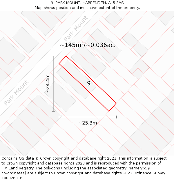 9, PARK MOUNT, HARPENDEN, AL5 3AS: Plot and title map