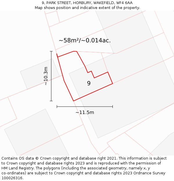 9, PARK STREET, HORBURY, WAKEFIELD, WF4 6AA: Plot and title map