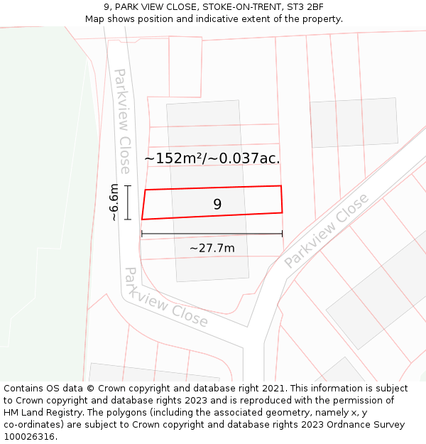 9, PARK VIEW CLOSE, STOKE-ON-TRENT, ST3 2BF: Plot and title map